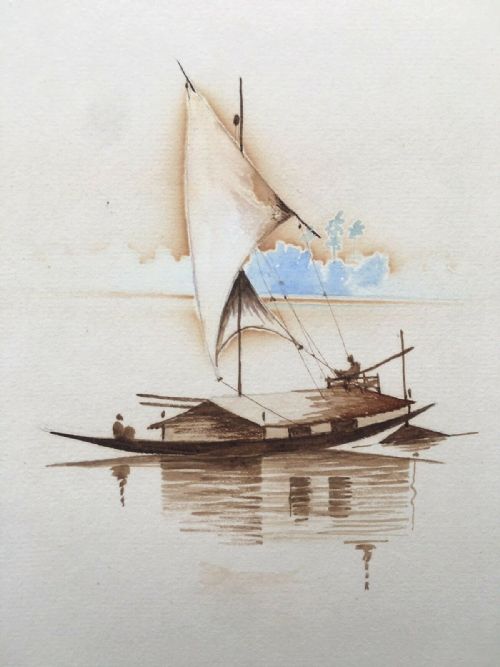 Gopal Ghose (G. Ghose) 1902 India Indian Original Antique Watercolour Painting Boat Seascape