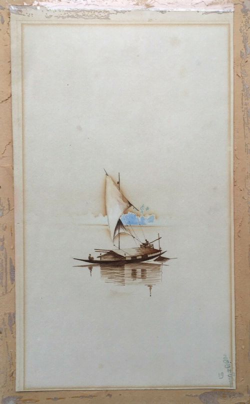 fig 1. Gopal Ghose (G. Ghose) 1902 India Indian Original Antique Watercolour Painting Boat Seascape