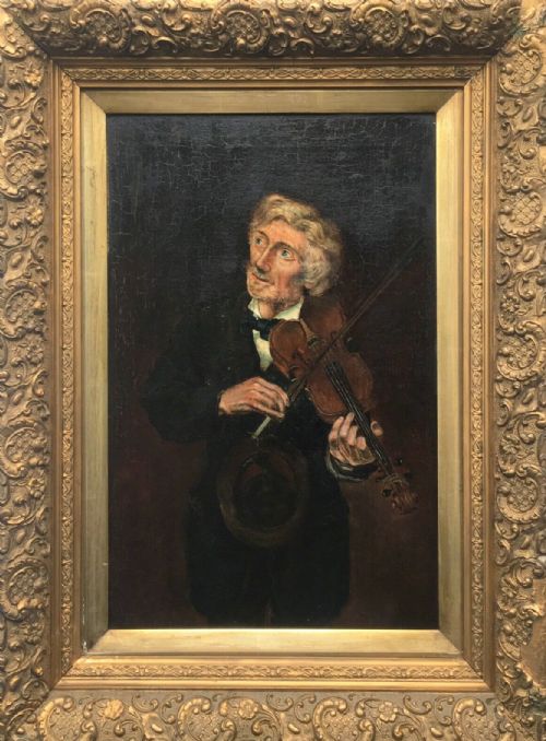 Original Antique Oil Painting English School Portrait of a Man Playing a Violin