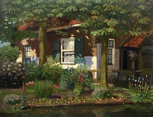 fig 1. Indistinctly Signed Original English Antique Oil Painting Canvas attached to Board Country Cottage Garden with Horse Chestnut Trees
