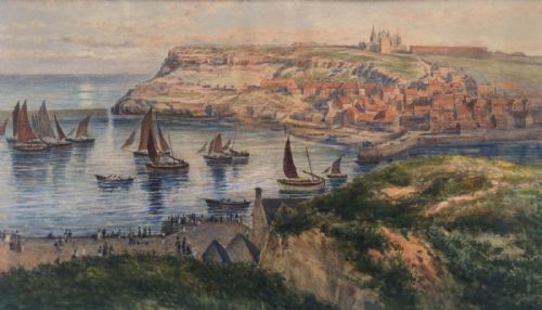 Edward William Cooke Ra 1811–1880  Original 19th Century Antique English Watercolour Painting Whitby Harbour and Abbey