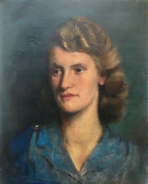 Vincent Galloway (1894–1977) Signed Original Ww2 Period English Framed Oil Painting on Canvas Portrait of Lady in a Blue Dress