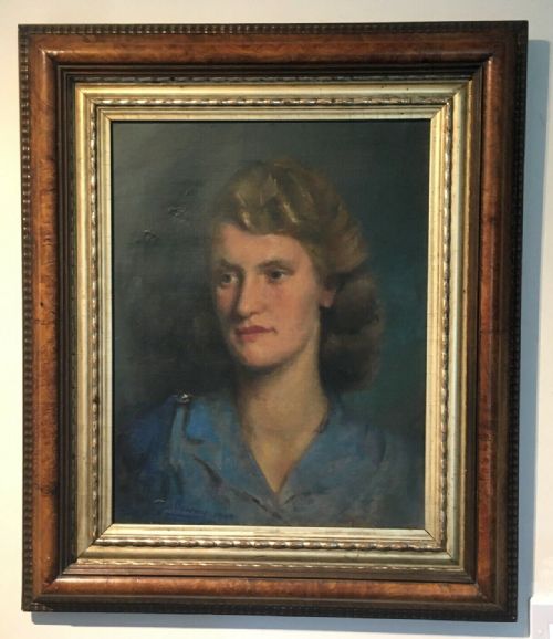 fig 1. Vincent Galloway (1894–1977) Signed Original WW2 Period English Framed Oil Painting on Canvas Portrait of Lady in a Blue Dress