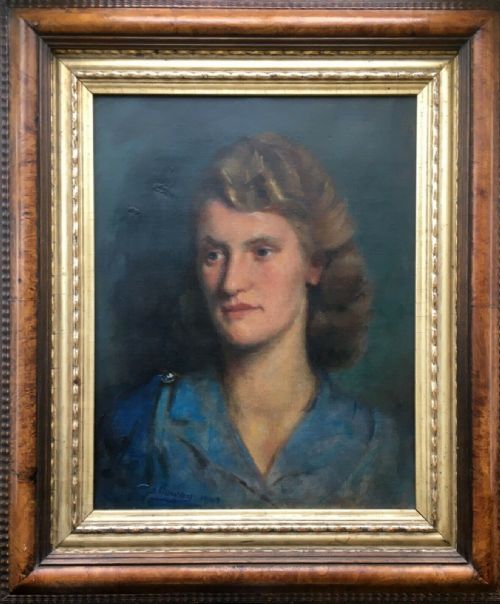 fig 2. Vincent Galloway (1894–1977) Signed Original WW2 Period English Framed Oil Painting on Canvas Portrait of Lady in a Blue Dress