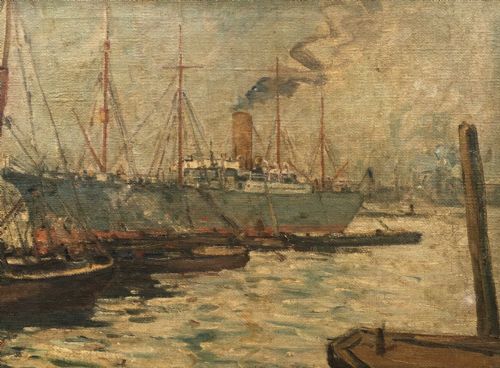 fig 1. John Riddle Signed Original Vintage Oil Painting Steam & Fishing Boats Italy possibly Venice Harbour