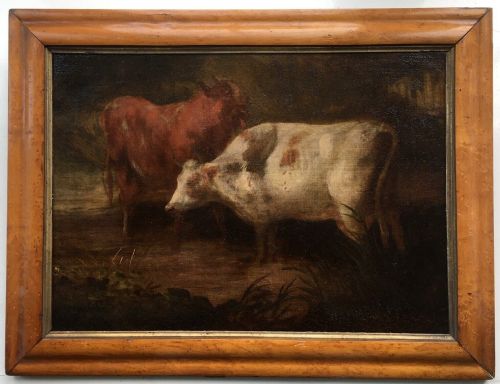 Original Early 19th Century Antique English School Oil Painting on Canvas Cattle Watering