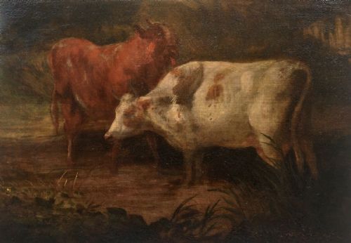 fig 1. Original Early 19th Century Antique English School Oil Painting on Canvas Cattle Watering