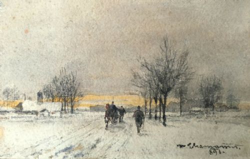 fig 1. Theodor von Ehrmanns Antique Paintings Near Vienna in Winter & Boats on Reverse