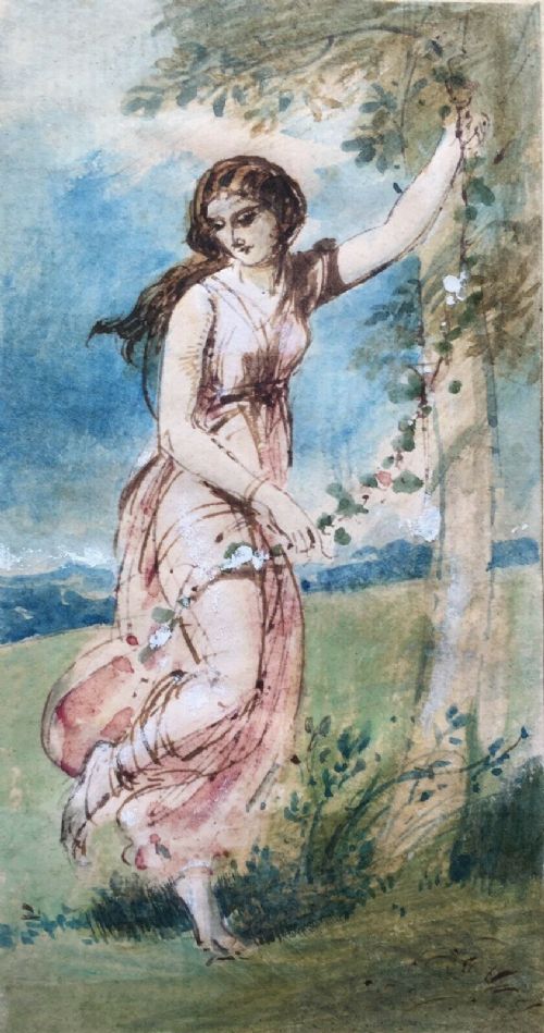 fig 2. Attributed to William Edward Frost R.A. (1810-1877) Original Antique Watercolour & Ink Painting Study of a Classically Dressed Girl with a Flower Garland
