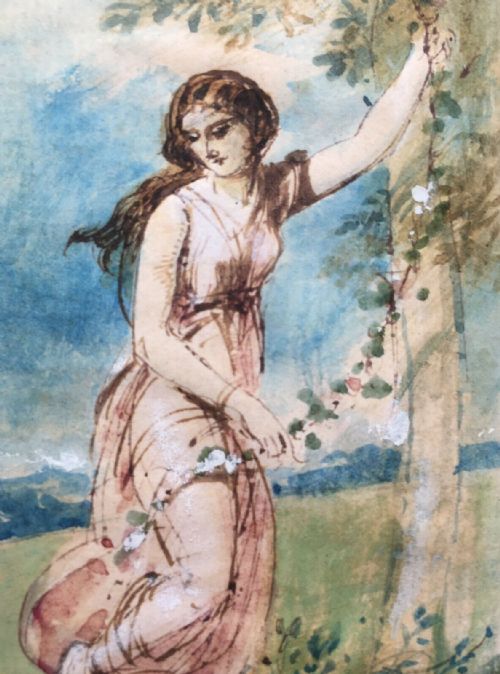 fig 3. Attributed to William Edward Frost R.A. (1810-1877) Original Antique Watercolour & Ink Painting Study of a Classically Dressed Girl with a Flower Garland