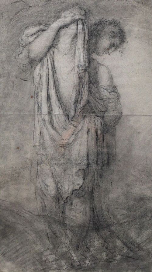 Style of Gainsborough Dupont Original Antique Early 19th Century Charcoal Portrait Study of a Draped Classical Figure