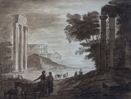 Style of Claude Lorrain Classical Landscape View Capriccio with Roman Ruin Original Antique Ink & Monochrome Wash Watercolour Painting
