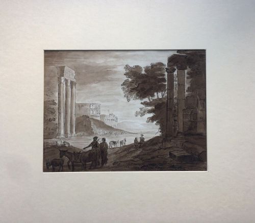 fig 1. Style of CLAUDE LORRAIN Classical Landscape View Capriccio with Roman Ruin Original Antique Ink & Monochrome Wash Watercolour Painting