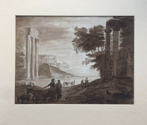fig 2. Style of CLAUDE LORRAIN Classical Landscape View Capriccio with Roman Ruin Original Antique Ink & Monochrome Wash Watercolour Painting