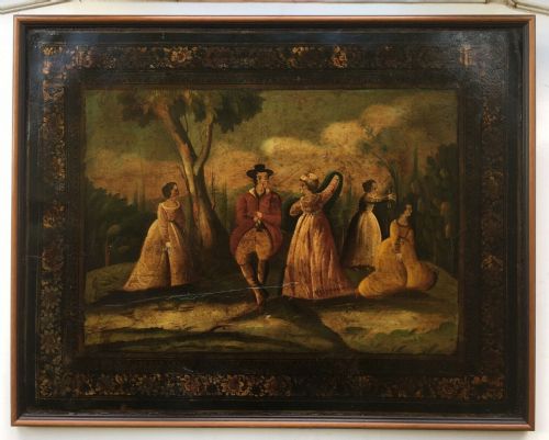 fig 1. Regency Toleware Panel Early 19th Century Oil Painting Rustic Figures in a Classical Landscape with Decorative Floral Border