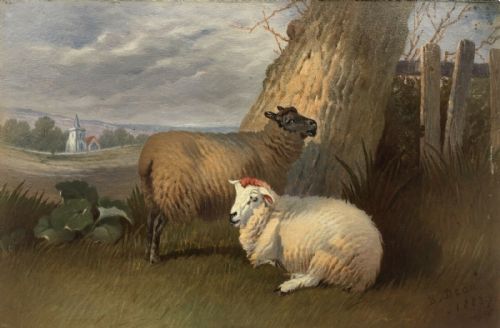 Original Signed 19th Century English School Antique Oil Painting Sheep Landscape