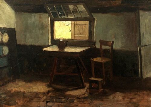 Jacob Simon Hendrik Kever Signed Original 19th Century Antique Oil Painting on Panel Dutch Cottage Interior
