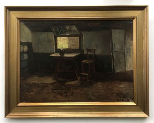 fig 1. Jacob Simon Hendrik Kever Signed Original 19th Century Antique Oil Painting on Panel Dutch Cottage Interior