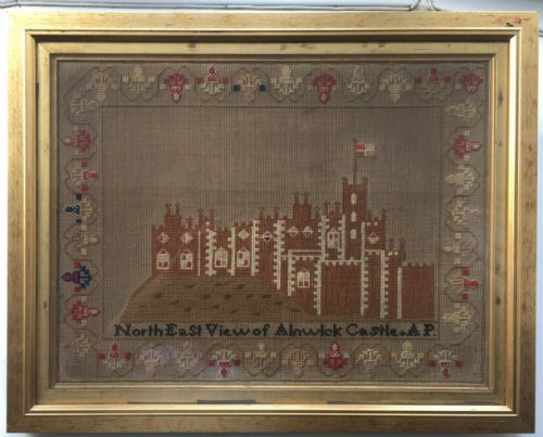 Antique Victorian Embroidery Sampler of North East View of Alnwick Castle