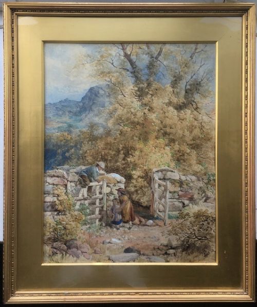 Henry J Holding 1850 Signed Watercolour Landscape Painting Children Climbing
