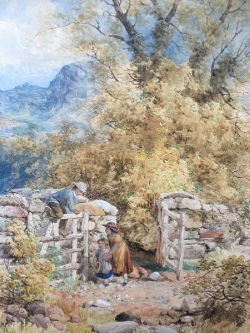 fig 1. Henry J Holding 1850 Signed Watercolour Landscape Painting Children Climbing 
