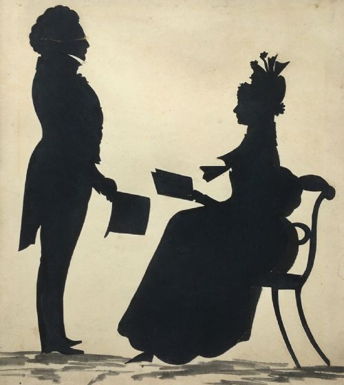 Original 1836 Early 19th Century Antique Cut Full Length Silhouette with Watercolour, Husband & Wife Profiles