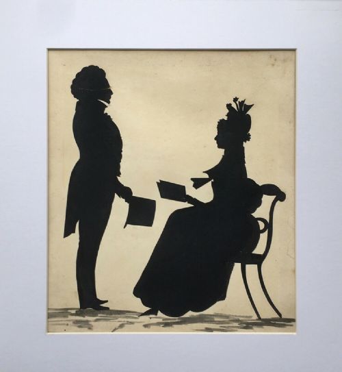 fig 1. Original 1836 Early 19th Century Antique Cut Full Length Silhouette with Watercolour, Husband & Wife Profiles