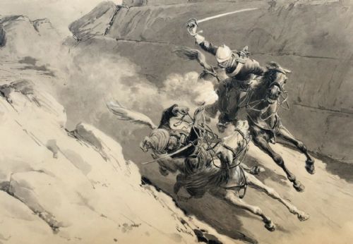 Quinto Cenni (1845-1917) Original Antique Study 1880 Khyber Pass Battle Scene