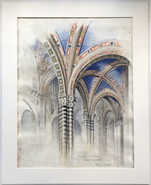 Original Signed Antique Watercolour Painting Architectural Study of Vaulting in Siena Cathedral Italy