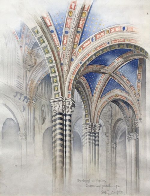 fig 1. Original Signed Antique Watercolour Painting Architectural Study of Vaulting in Siena Cathedral Italy