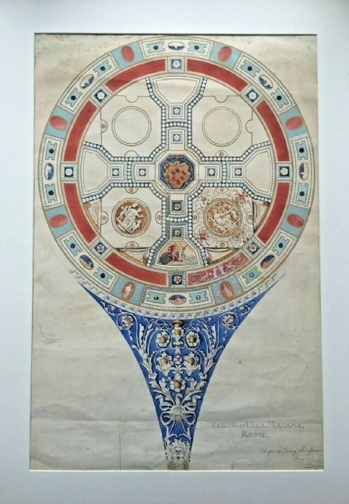 Ceiling of Villa Madama Rome, Italy, Original Signed Antique Architetcural Study Watercolour Painting