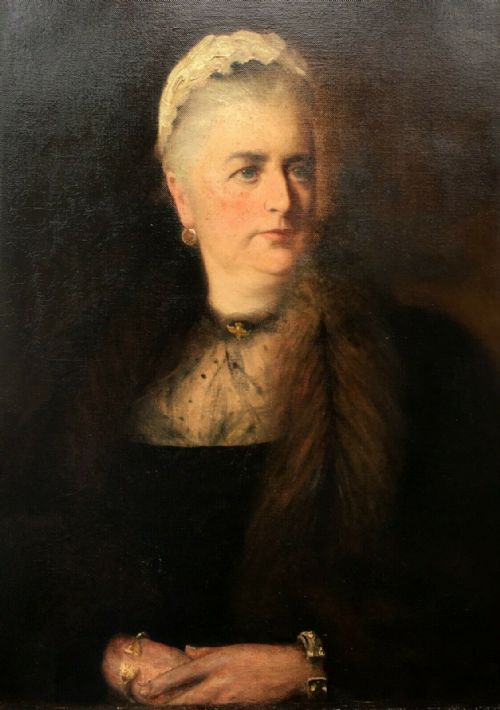 Original 19th Century English School Antique Oil Painting of Lady in Mourning Wearing a Fur Stole