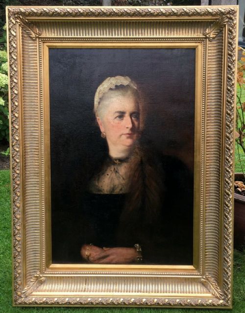 fig 1. Original 19th Century English School Antique Oil Painting of Lady in Mourning Wearing a Fur Stole