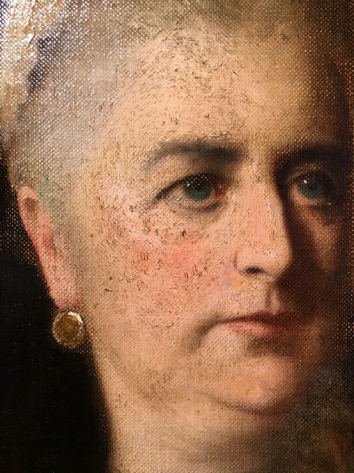 fig 2. Original 19th Century English School Antique Oil Painting of Lady in Mourning Wearing a Fur Stole