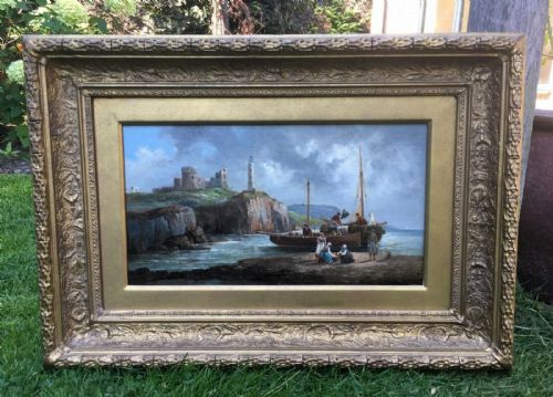 Signed Anton Schoth Original 19th Century Antique Oil Painting on Panel Unloading Boat on the Shore