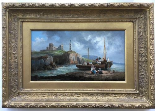 fig 1. Signed ANTON SCHOTH Original 19th Century Antique Oil Painting on Panel Unloading Boat on the Shore