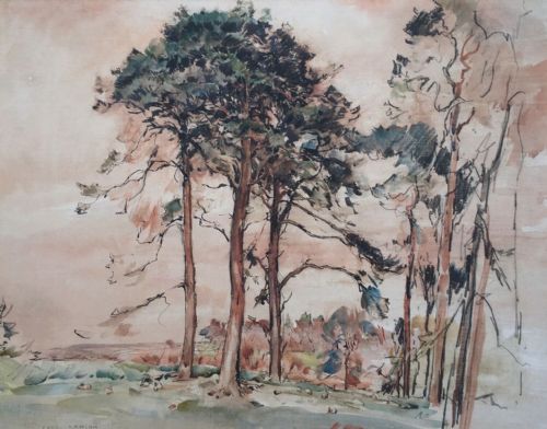 Fred Lawson Original Early 20th Century Watercolour Painting Rabbits & Scots Pine Yorkshire Landscape