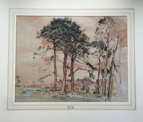 fig 1. FRED LAWSON Original Early 20th Century Watercolour Painting Rabbits & Scots Pine Yorkshire Landscape