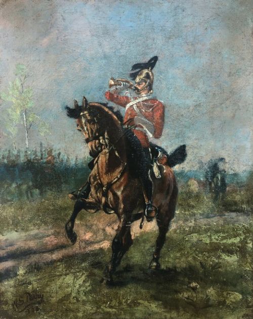 Signed Original 19th Century Antique Oil Painting Army Bugler Hertfordshire Yeomanry 1888