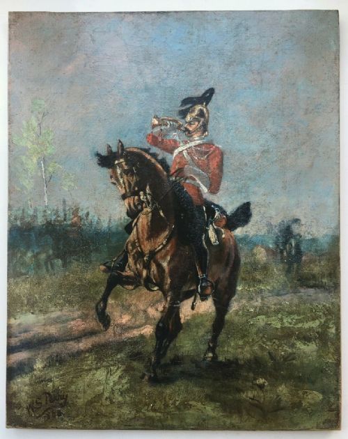 fig 1. Signed Original 19th Century Antique Oil Painting Army Bugler Hertfordshire Yeomanry 1888