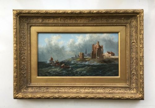 Anton Schoth Original Antique Oil Painting on Wood Panel Boat in Rough Seas