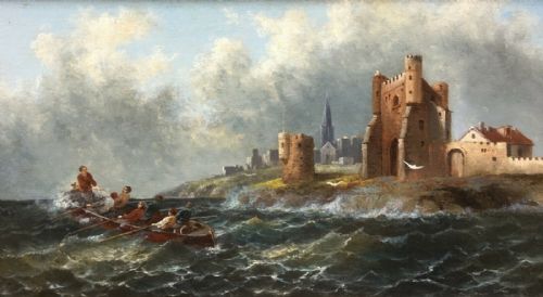 fig 1. ANTON SCHOTH Original Antique Oil Painting on Wood Panel Boat in Rough Seas