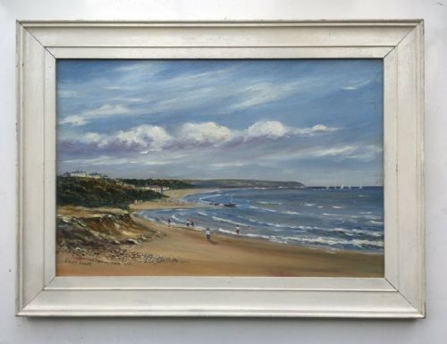 fig 1. Sam Barnes Robson 1965 Signed Original Vintage English Oil Painting on Board Filey Sands North Yorkshire Coast
