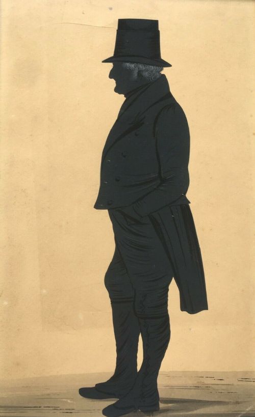 Original Antique Watercolour & Cut Silhouette of English Gentleman, Titled Verso