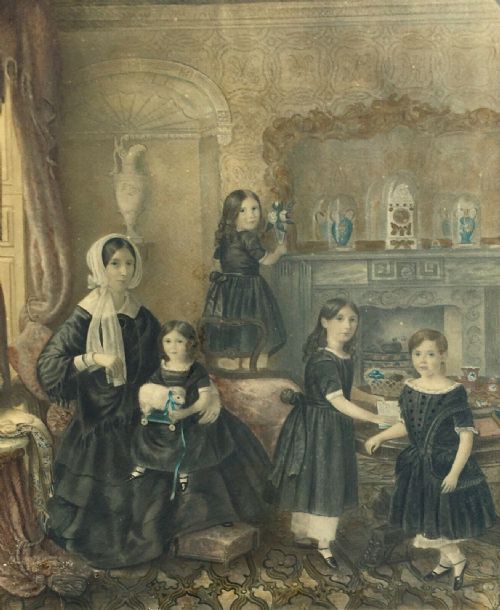 Early 19th Century Original English School Antique Watercolour Painting Family Portrait Mother & Children in Drawing Room