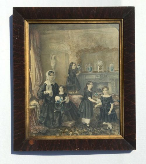 fig 1. Early 19th Century Original English School Antique Watercolour Painting Family Portrait Mother & Children in Drawing Room