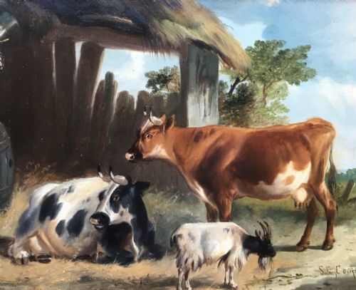 fig 1. Attributed Thomas Sidney Cooper RA Signed Original English Antique Oil Painting Cattle & Goat Landscape