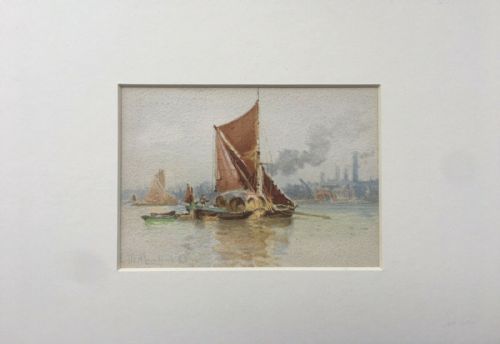 fig 1. Edoardo De Martino Signed Original 19th Century Watercolour Painting English Port Seascape