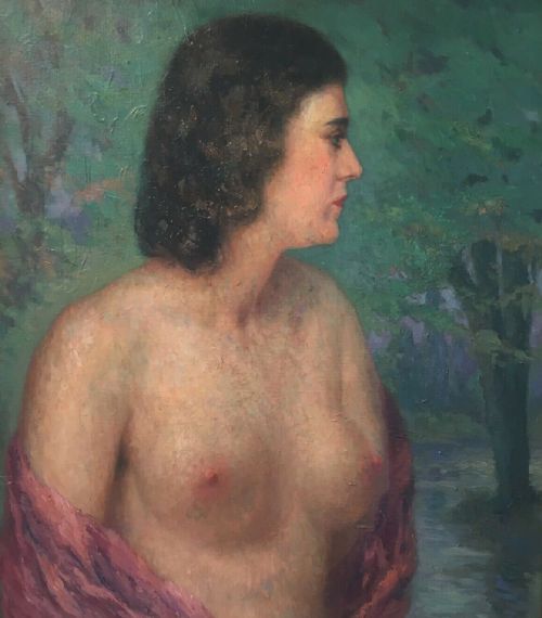 Dated 1947 Original Vintage Oil Painting on Canvas Life Portrait of a Female Nude Against a Landscape
