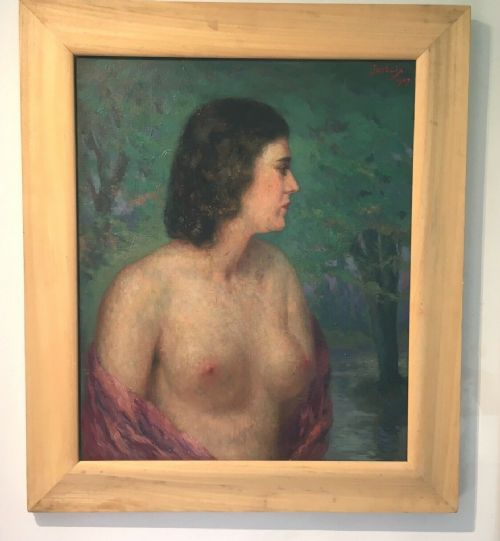 fig 1. Dated 1947 Original Vintage Oil Painting on Canvas Life Portrait of a Female Nude against a Landscape
